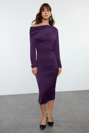 Trendyol Plum Fitted/Fits Body Asymmetrical Neck Midi Knit Dress