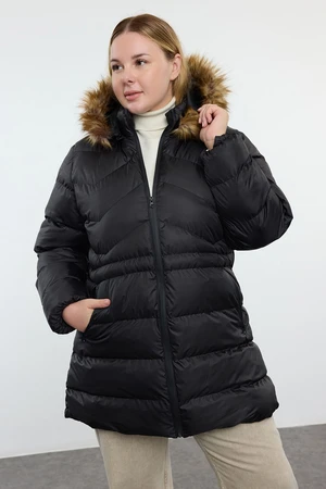 Trendyol Curve Black Regular Fit Hooded Zipper Detailed Parka & Coat