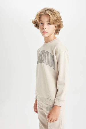 DEFACTO Boy Beige Oversize Fit Wide Mold Crew Neck Thick School Sweatshirt