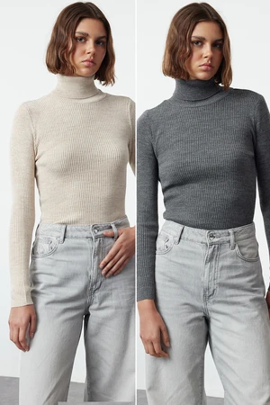 Trendyol Anthracite-Beige Double Pack Knitted Sweater