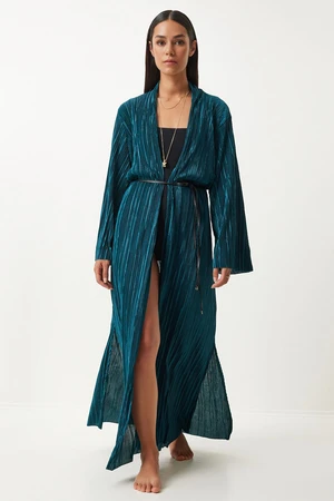 Happiness İstanbul Women's Dark Green Leather Belted Pleated Long Kimono