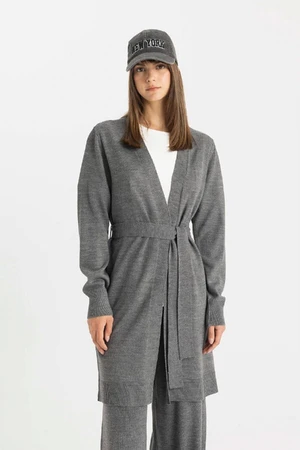 DEFACTO Regular Fit Basic Plain Belted Long Knitted Gray Cardigan