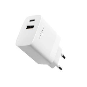 Síťová nabíječka FIXED s USB-C a USB výstupem, podpora PD a QC 3.0, 20W, bílá