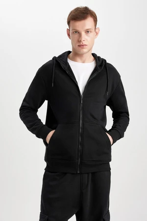 DEFACTO Black Regular Fit Hooded Soft Furry Inside Pocket Basic Plain Zipper Sweatshirt