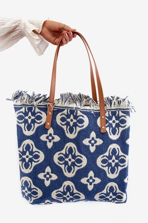 Patterned Large Woven Beach Bag Navy Blue Sadhara