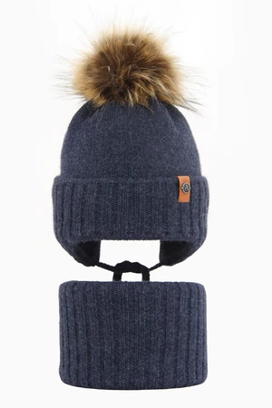 AGBO Boy's winter set: hat and tube scarf navy blue Dominik with pompom