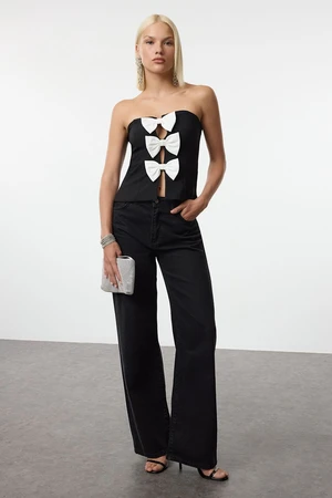 Trendyol Black-White Bow Detailed Strapless Woven Blouse