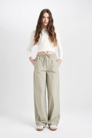 DEFACTO Cool Poplin Trousers Straight Fit Basic Plain Pocket Elastic Waist Tie