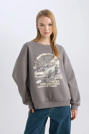 DEFACTO Grey Cool Oversize Wide Pattern Crew Neck Printed Thick Sweatshirt