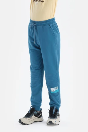 Dagi Blue Slogan Label Striped Ribbed Jogger Pants