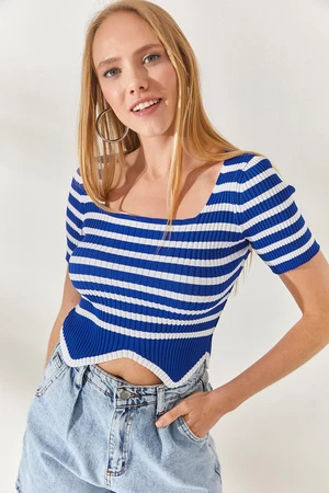 Olalook Sax-Blue Striped Asymmetrical Crop Knitwear Blouse