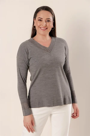 By Saygı The collar and sleeve ends are silvery perforated, work front is short and long back is Plus Size Acrylic Sweater Gray