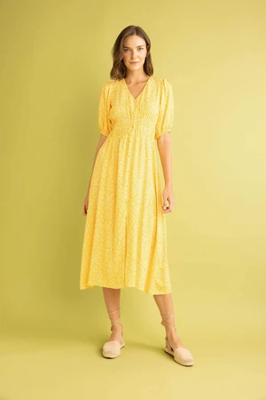 DEFACTO V-Neck Balloon Sleeve Midi Short Sleeve Dress