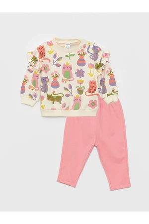 LC Waikiki Crew Neck Long Sleeve Patterned Baby Girl Sweatshirt and Pants 2-Pair Set