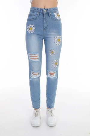 BİKELİFE Blue High Waist Mom Jeans With Laser Daisy Embroidery