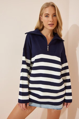 Happiness İstanbul Women's White Navy Blue Zippered High Collar Striped Oversize Knitwear Sweater