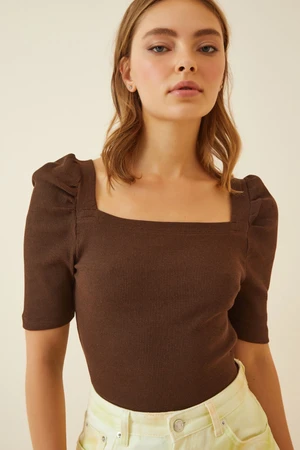 Happiness İstanbul Women's Brown Square Neck Ribbed Crop Blouse