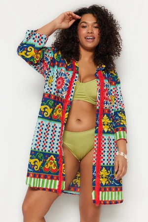 Trendyol Curve Multicolored Ethnic Patterned Woven Beach Wear Shirt