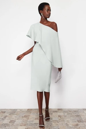 Trendyol Mint Cape Detailed Woven Elegant Evening Dress