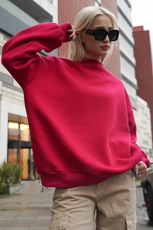 Madmext Fuchsia Crew Neck Basic Sweatshirt