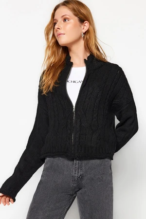 Trendyol Black Crop Soft Texture Zippered Hair Knitted Sweater Cardigan