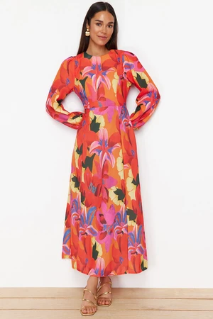 Trendyol Red Floral Patterned Woven Linen Look Dress