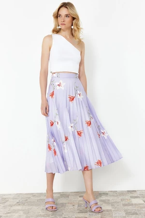 Trendyol Lilac Flower Patterned Pleated Satin Fabric Maxi Length Woven Skirt