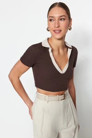 Trendyol Brown Fitted Polo Neck Crop Ribbed Stretch Knitted Blouse