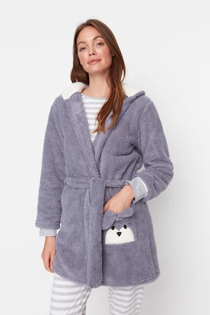 Trendyol Gray Belted Animal Figured Pocket Wellsoft Knitted Dressing Gown