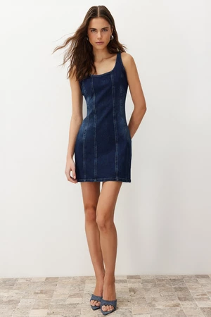 Trendyol Blue Stitching Detailed Fitted Mini Denim Dress