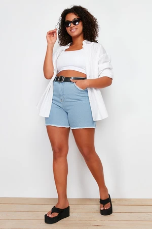 Trendyol Curve Light Blue Pocket and Leg Tassel Detailed Mini Denim Shorts