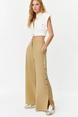 Trendyol Beige Wide Leg Woven Trousers with Side Buttons