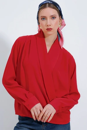 Bigdart Women's Red Double Breasted Collar Flowy Satin Blouse 0492