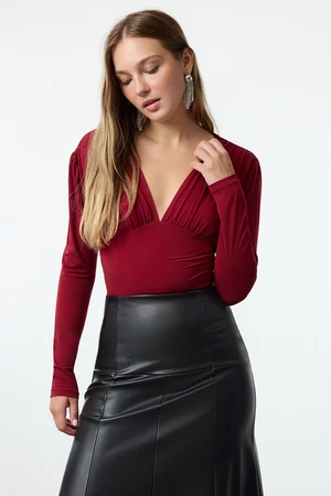 Trendyol Claret Red Deep V Neck Knitted Blouse