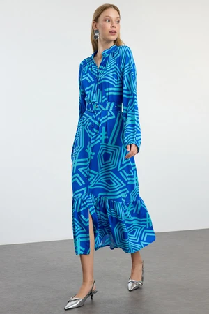 Trendyol Blue Belted Geometric Patterned Judge Collar Midi Woven Shirt Dress