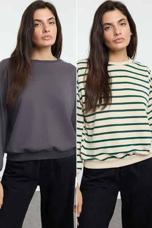 Trendyol Anthracite-Green Striped 2-Pack Regular/Normal Pattern Knitted Sweatshirt