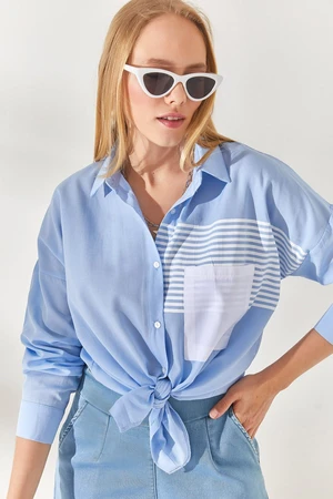 Olalook Baby Blue Pocket Detailed Oversize Woven Shirt