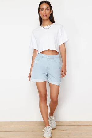 Trendyol Light Blue Ripped Denim Shorts & Bermuda