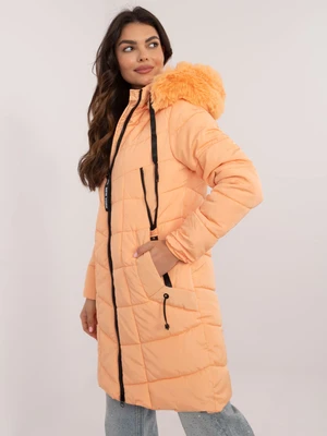 Light orange quilted winter jacket with fur