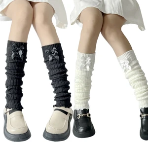 Women Ribbed Knit Cute Double Bowknot Ruffled Solid Leg Warmers Long Stockings