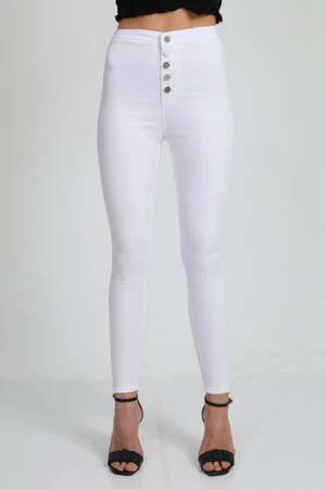 BİKELİFE Women's White High Waist Skinny Leg Buttoned Leggings Pants