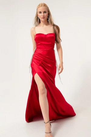 Lafaba Women's Red Strapless Long Satin Evening Dress