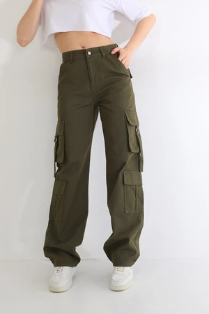 BİKELİFE Khaki High Waist Multi Pocket Wide Leg Wide Leg Cargo Pants