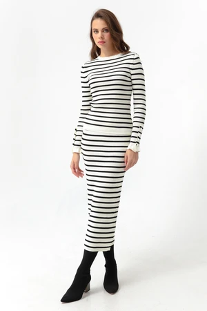 Lafaba Women's White Skirt and Striped Knitwear Suit