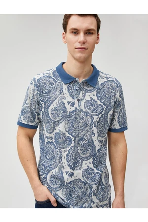 Koton Polo Neck T-Shirt with Buttons, Slim Fit, Short Sleeves Shawl Print Detailed.