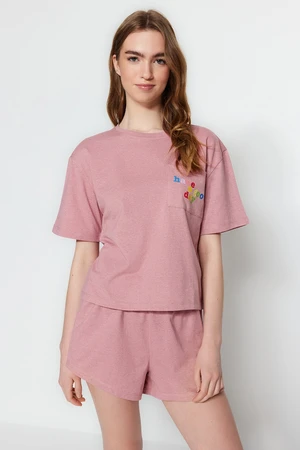 Trendyol Pink Cotton Motto Printed T-shirt-Shorts Knitted Pajamas Set