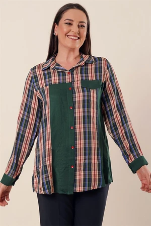 By Saygı Checked Patterned Shirt Green With Garnish Plus Size Plus Size