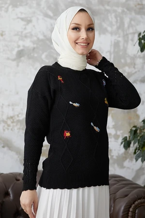 InStyle Minsa Bird Pattern Embroidered Knitwear Sweater - Black