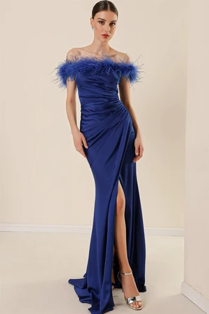 By Saygı Feather Detailed Madonna Collar Lined Pleated Long Satin Dress with a Slit Saks.