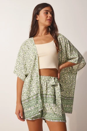 Happiness İstanbul Women's Light Green Patterned Viscose Kimono Shorts Set